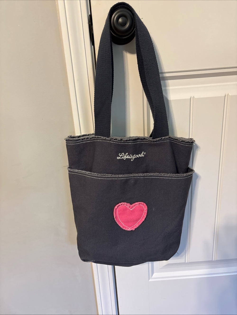Life Is Good navy blue Canvas Tote with Pink Heart